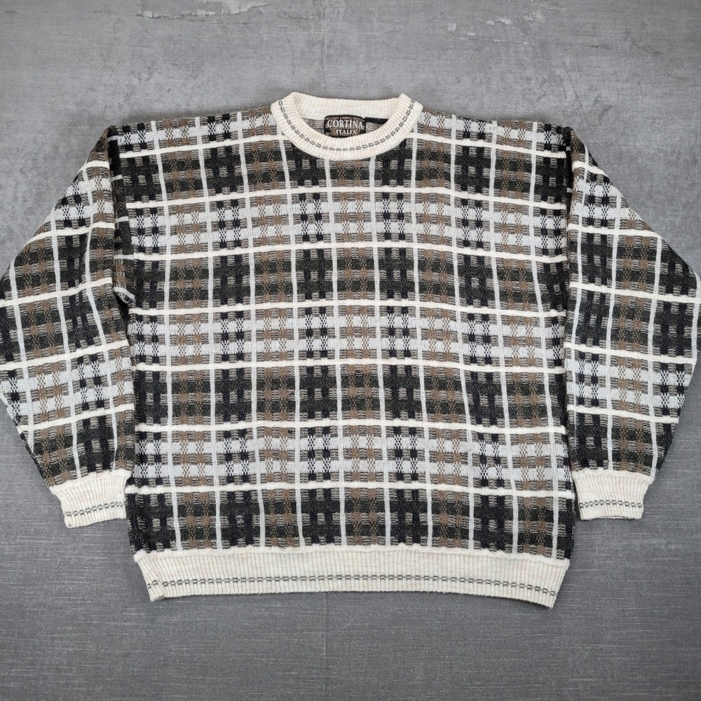 Cortina Italia Vintage Plaid Knit Sweater Crewneck Pullover Grandpa Dad Mens Lg